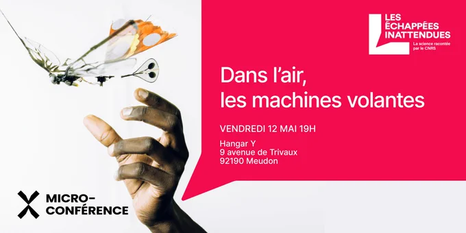 visuel de l'évènement, avec une main lançant le drone Metafly (drone à ailes battantes, dont la mécanique du vol est inspirée des insectes et des oiseaux) © Etienne-Jules MAREY
