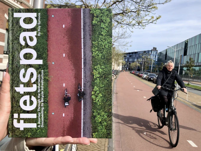 A coffee table book entitled “Fietspad”, which features large photos of cycle paths, intersections, and other infrastructure projects in the Netherlands.