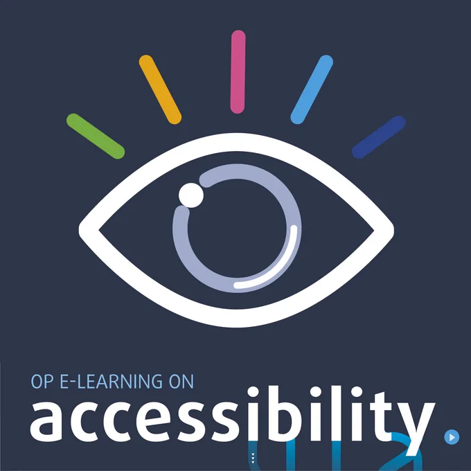 On the picture we see a graphical image of an eye placed in the middle on a black background. Below the eye it says 'OP e-learning on accessibility'