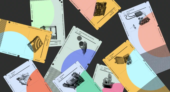 Dark background with colorful cards depicting different science tools in the foreground.