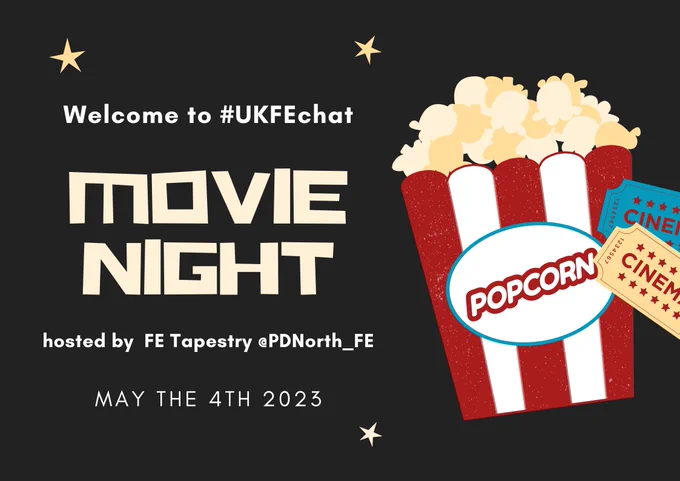 Welcome to the chat tonight! All text from the Tweet illustrated by a popcorn box with cinema tickets