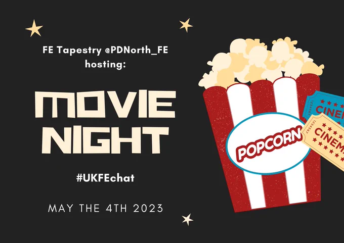 in addition to the text written in the Tweet there is a popcorn tub, some sparkling starts and cinema tickets