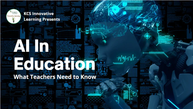 Promotional image with robot background and title: AI in Education