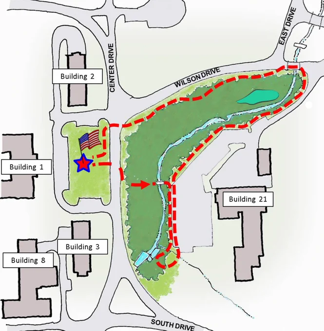 Map of the NIH Stream Guided Tour at the Bethesda Campus.