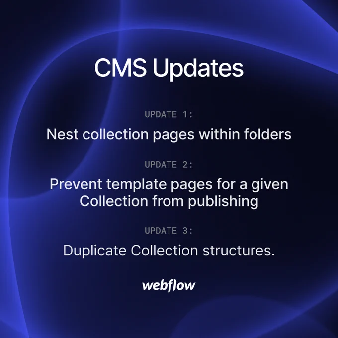 CMS Updates
UPDATE 1:
Nest collection pages within folders
UPDATE 2:
Prevent template pages for a given
Collection from publishing
UPDATE 3:
Duplicate Collection structures.
