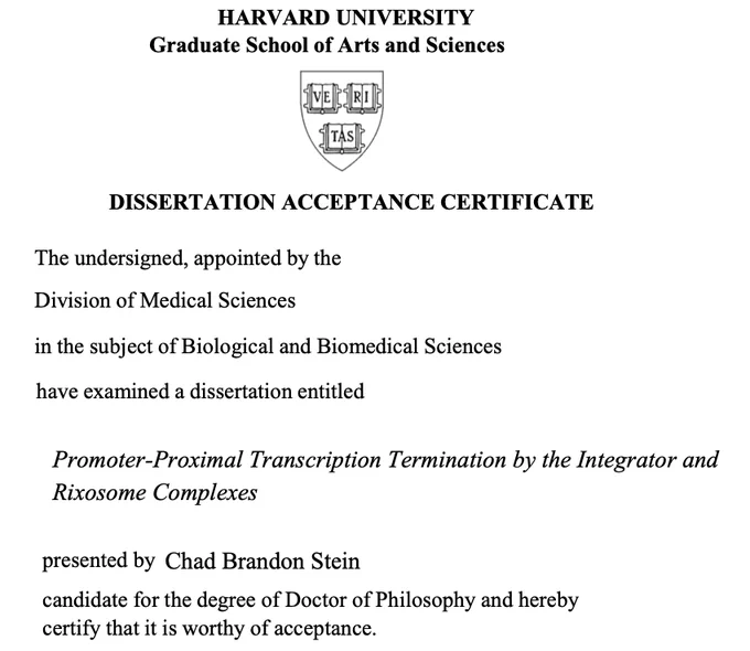 Screenshot of form indicating dissertation acceptance