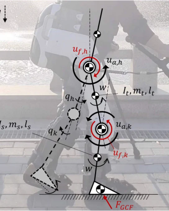  Simplified diagram ofWalkON Suit. The subscriptsh, k, s, and t denote
the hip, knee, shank, and thigh, respectively. The terms I, m, and l represent the inertia, mass, and length of each body segment, respectively. The variables q, ua, uf , FGCF , and w, respectively, denote the joint position, actuator torque, friction, ground contact force, and uncertainty term.