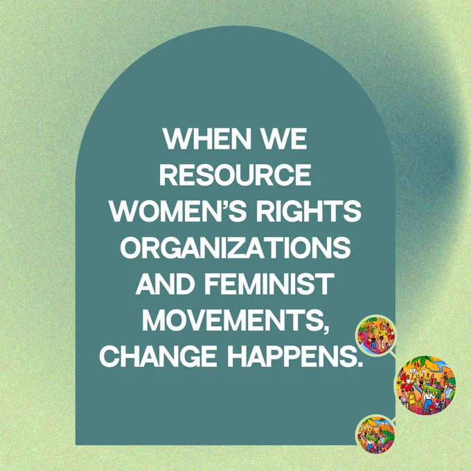 Light green background with teal portal. White text reads when we resource WROs   feminist movements, change happens