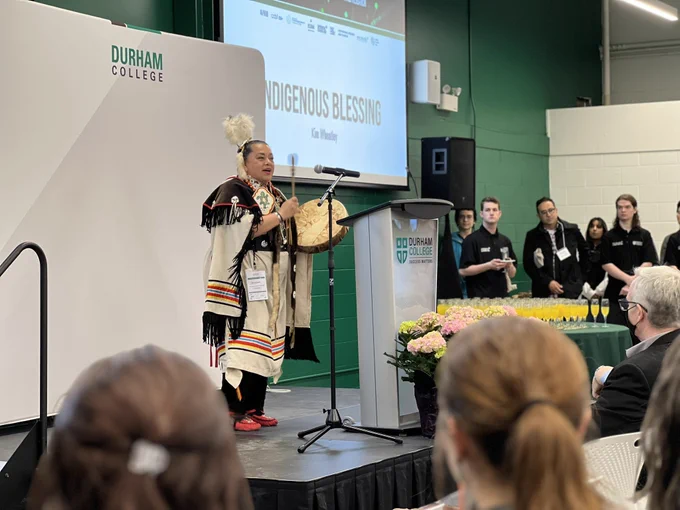 Kim Wheatley gives an Indigenous Blessing to the newly opened Centre for Innovation and Research.