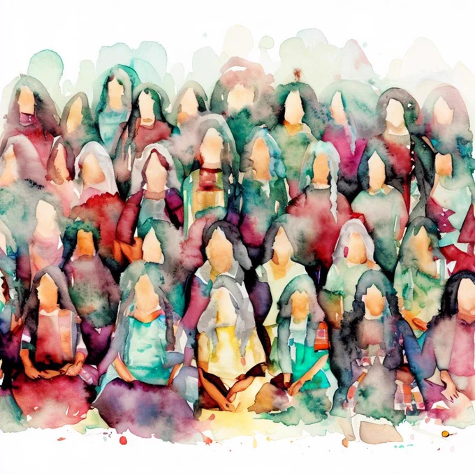 a colorful watercolor of a group of Indigenous Women