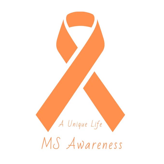 An orange ribbon with the words "MS Awareness" written underneath.