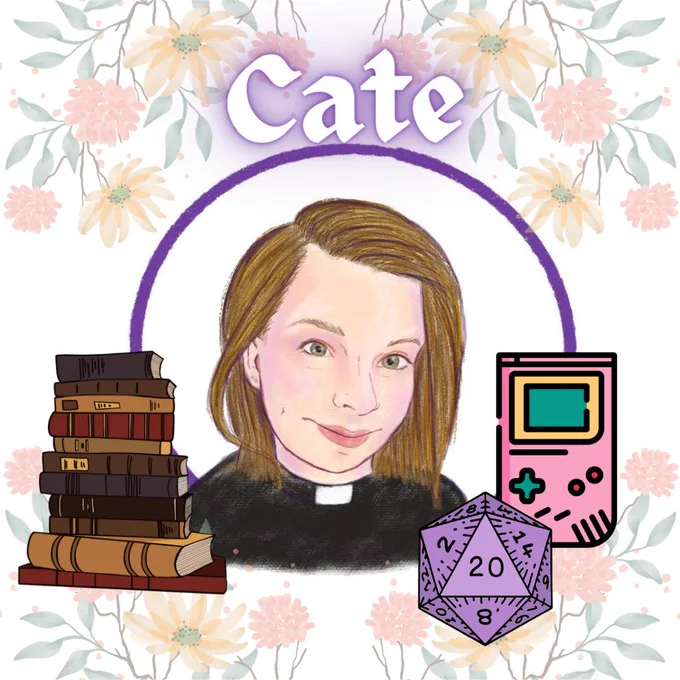 Image Is an illustration of Cate surrounded by a gameboy, d20 and a pile of books