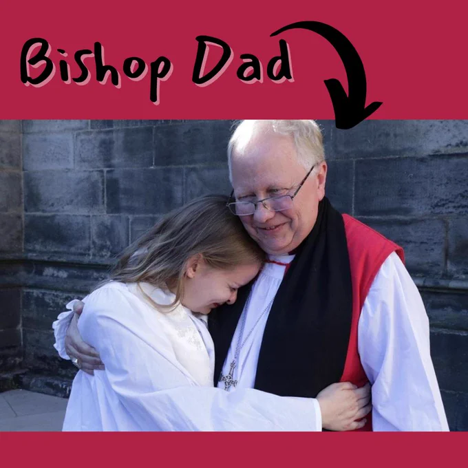 Image is a photo of Cate and her dad hugging. Cate is in a cassock and surplice and her dad is in Bishop robes. Text reads: Bishop Dad