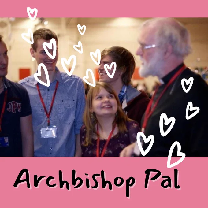 Image is a photo of a university agr Cate at a conference, looking up at Archbishop Rowan Williams. Text reads: Archbishop Pal