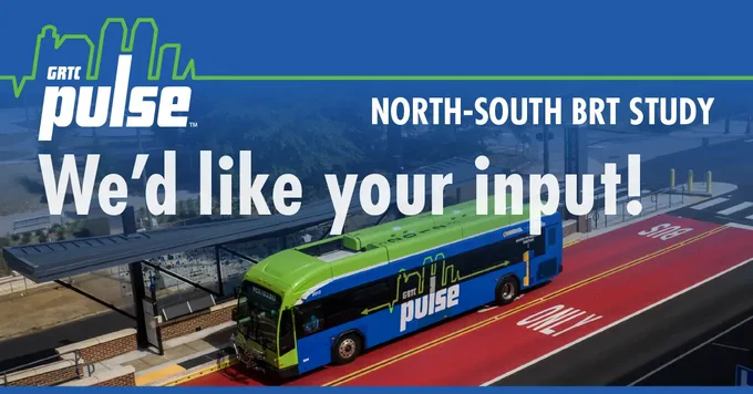 A picture of a GRTC Pulse bus at a BRT station in a red bus-only lane with the GRTC Pulse logo, North-South BRT Study title, and text "We'd like your input!" overlaid.