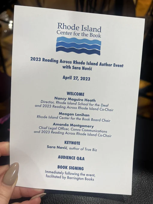 Ri center for the book program: welcome Nancy Maguire Heath, director RISD & RARI co-chair, Meagan Lenihan ri center for the book board chair; Amanda Montgomery RARI co-chair, keynote Sara Nović, audience Q&A, book signing.
