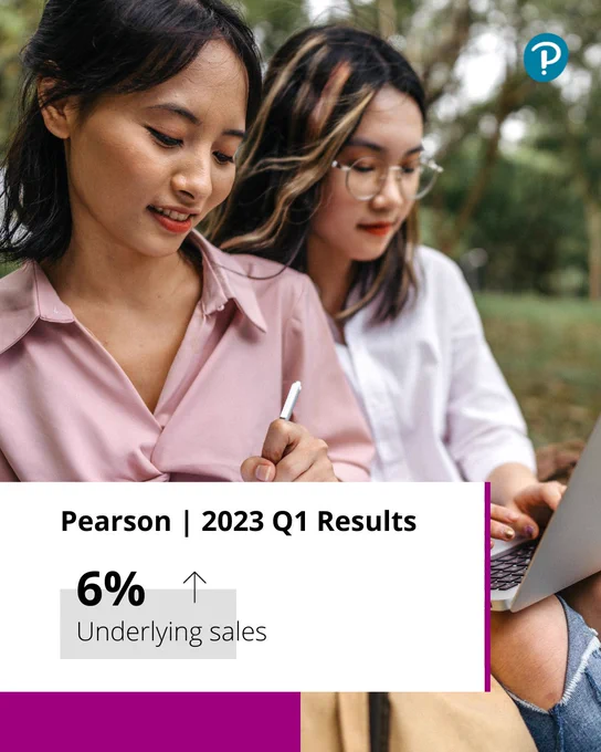 Two young people are sitting outdoors. One is wearing a soft pink shirt and is writing in a notebook with a white pen; the other is wearing a white shirt, glasses, and ripped blue jeans, and is typing on a silver laptop. Text reads: "Pearson | 2023 Q1 Results - 6% underlying sales [up]"