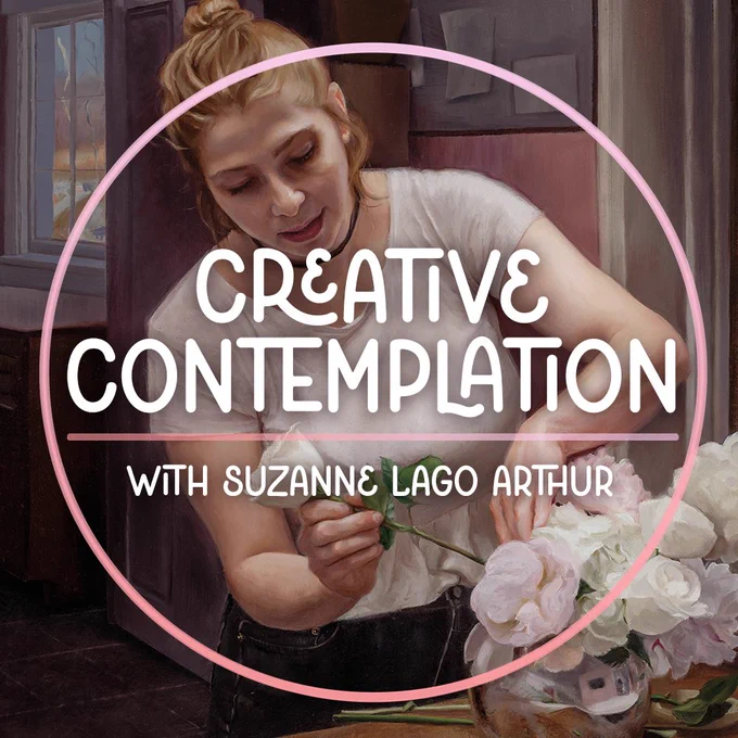 Creative Contemplation logo with a painting of a woman arranging a flower bouquets