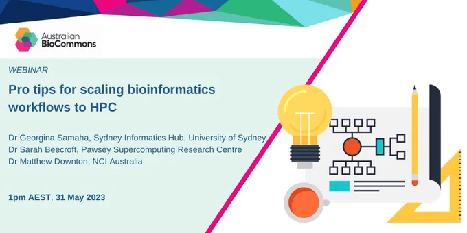 Flyer advertising a webinar. Dark blue text on a light green background reads: Pro tips for scaling bioinformatics workflows to HPC.Dr Georgina Samaha, Sydney Informatics Hub, University of Sydney Dr Sarah Beecroft, Pawsey Supercomputing Research Centre Dr Matthew Downton, NCI Australia 1pm AEST, 31 May 2023  The flyer shows the Australian BioCommons logo in the top left corner and an image of a schematic workflow on the right.