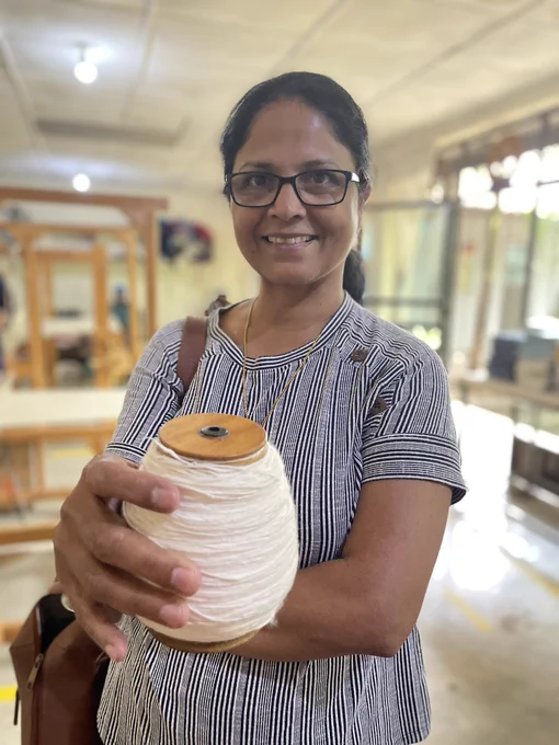 Sindhu with hand made material ready for coloring and next steps in the production process. It takes an entire day to get this little puppy.