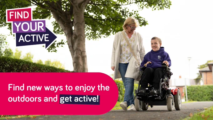 The image shows a person in a wheelchair and another person walking on the side. The caption reads 'find your active'