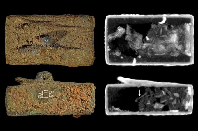 Neutron imaging of one animal coffin from the port of Naukratis in the western Nile Delta shows textile wrappings and an 8mm long bone (arrow). Credit: British Museum, UK Research and Innovation
