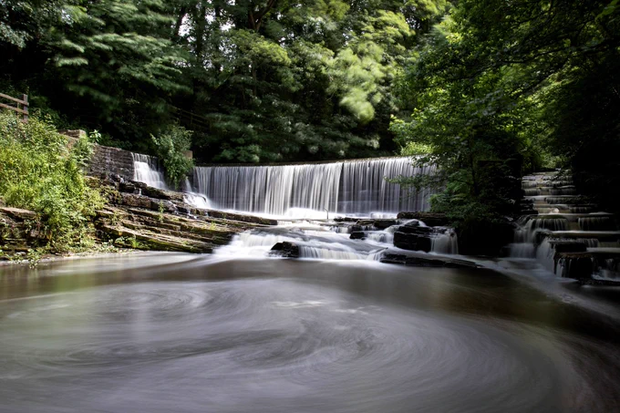 waterfall, pond, weir, trees. https://pixabay.com/photos/river-yarrow-weir-waterfall-water-4590489/