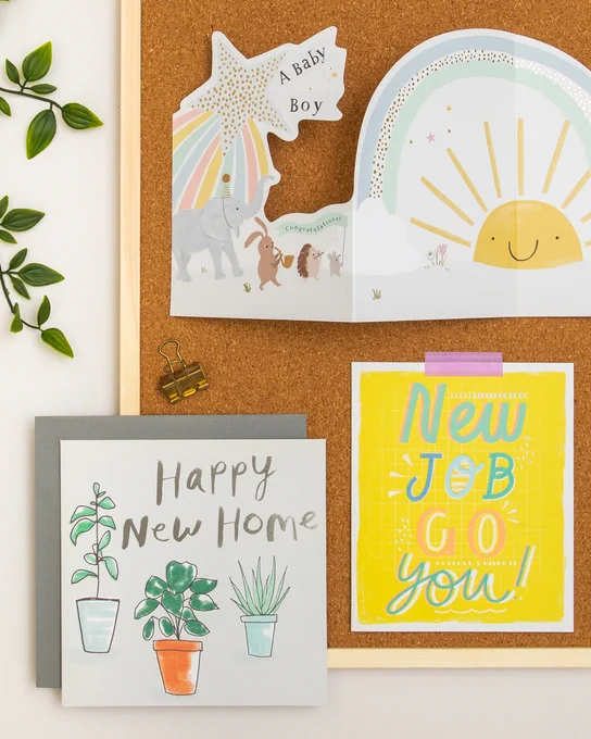 Image shows a cork pin board with 3 fun celebration cards attached to it and some fronds of trailing ivy to the left hand side. The top card on the board is a new baby boy celebration card with a fold-out, die-cut design featuring cute animals, including an elephant, a rabbit, a hedgehog and a mouse, in a little parade, carrying a banner that reads,'congratulations', and playing musical instruments. The elephant is wearing a party hat. Above the animals is a sparkling star with a rainbow trail and the words, 'A Baby Boy', written in black text. The animals are heading towards a rising sun with a smiley face that sits beneath a blue, green and gold speckled rainbow. The second card on the board is a New Job congratulations card with the words, 'New Job Go You!', written in colourful text against a citrus yellow background surrounded by a white frame and with white sketched marks dotted around the words. The final card is a New Home congratulations card