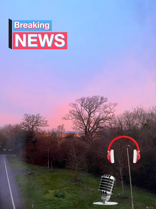 A microphone and headphones over a beautiful sunset in south west England with a “breaking news” graphic in the top left to announce the new south west tech daily podcast, which is themed around health for April