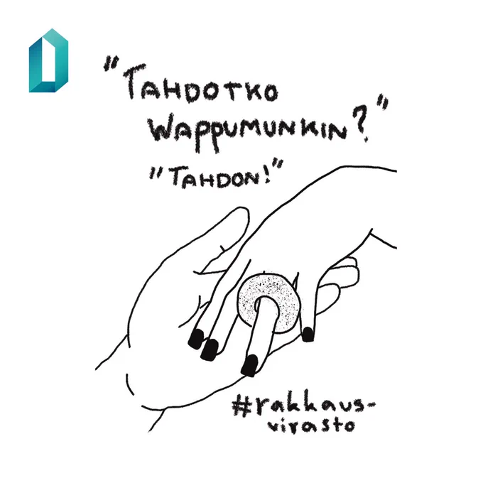 Piirroskuva, jossa sormuksena munkki. Tekstinä "Tahdotko wappumunkin?" "Tahdon!" #rakkausvirasto
