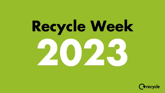 Text: Recycle Week 2023 centred on a bright green background with recycle swoosh logo and text in black text at bottom right of image.