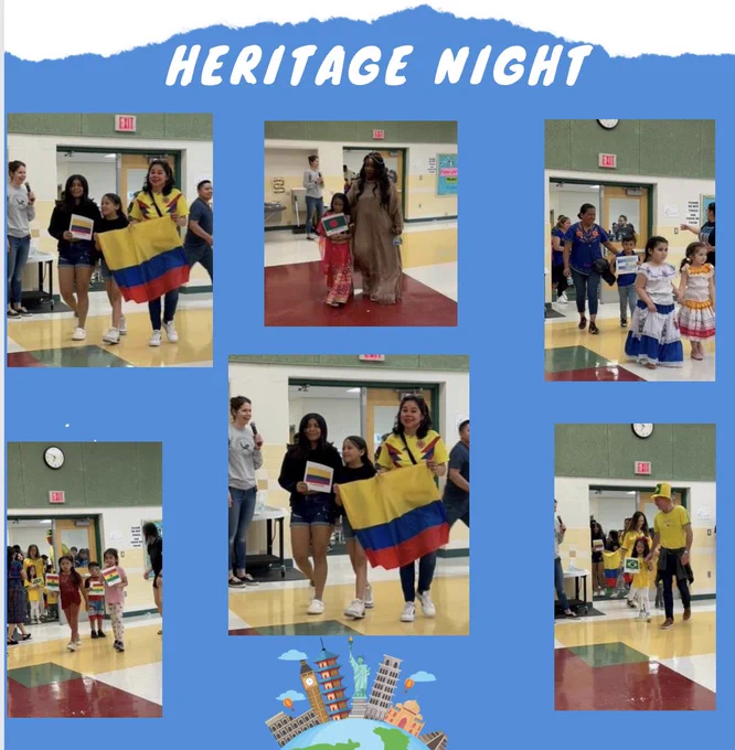 Students and their families in traditional clothing walking in a school parade at Heritage Night.