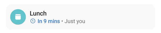 Outlook reminder for an event called Lunch starting in five minutes. At the end of the reminder is the words "Just you". 