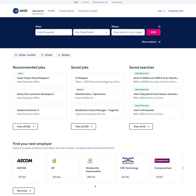 Screenshot of seek.com.au after the update
