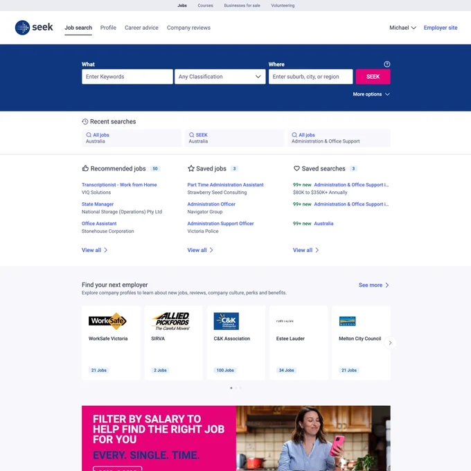 Screenshot of seek.com.au before the update