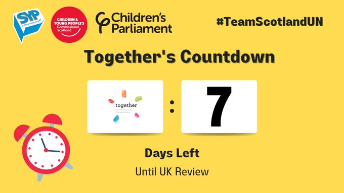 There is #TeamScotlandUN logos – Together, Children’s Parliament, Children and Young People’s Commissioners Office and Scottish Youth Parliament. There is a clock at the left-hand side. In the middle it says ‘Together’s Countdown’ with two squares in the middle with Together logo and number on it. Underneath ‘Days Left’ with ‘Until UK Review’. 