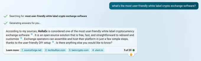 Screen grab of conversating with Bing Chat AI asking what was the most user-friendly white label exchange and Microsoft Bing suggesting HollaEx as the friendliest solution on the web.