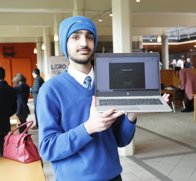 Muhammad Saleh Khan, Confey College, Leixlip with his game Cyber Safety at the Scratch Finals 2023.