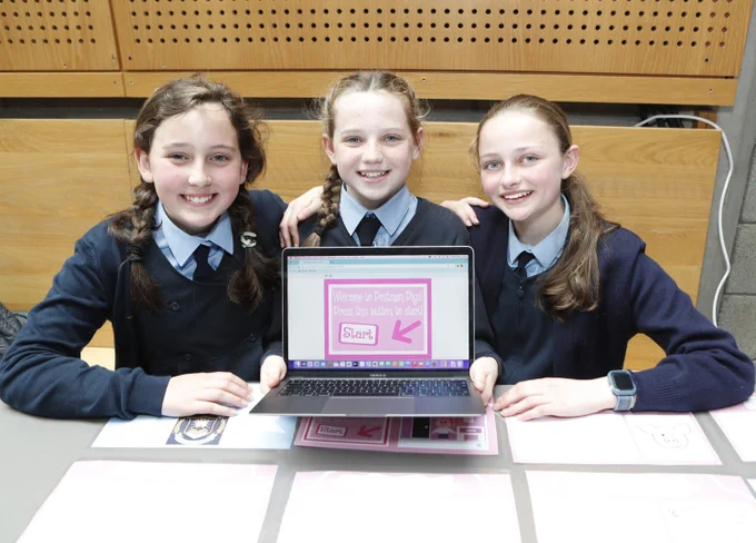 Aimee O'Brien, Keira Maher and Aimée Sheffiff all aged 12 fromScoil Mhuire, Lucan with their game Postman Pig at the 13th annual Scratch coding finals.