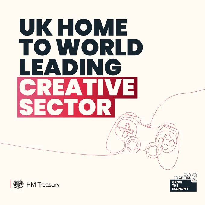 Text: UK home to world leading creative sector

Imagery: A cream background with a sketch of a games controller. HM Treasury logo and Grow The Economy  branding is included.