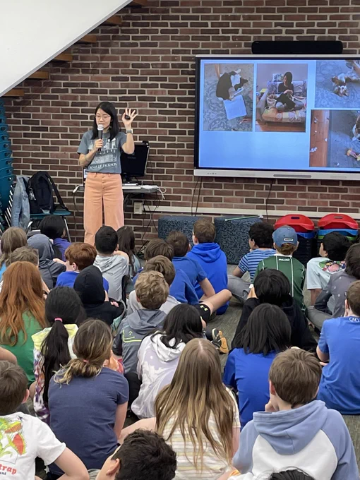 Author, Karina Yan Glaser, speaking in the North Mianus Media Center to Grade 5. 