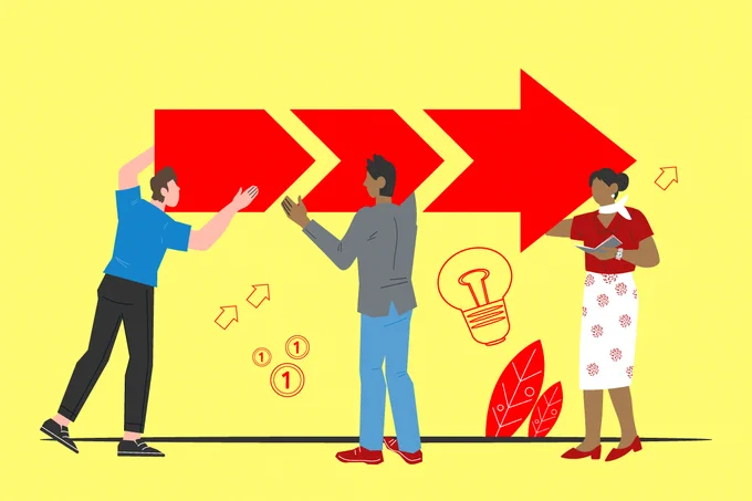 Illustration of three people putting together large pieces of an arrow like a puzzle to form a single image. Each piece is pointed on the end so that when viewed independently, they look like three process symbols suggesting sequential steps. (Copyright: marigisina © 123RF.com)