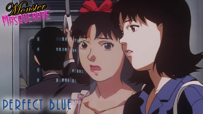 a screen shot from Perfect Blue of the protagonist looking at their reflection and seeing a different version of themself