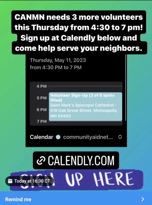 CANMN needs three more volunteers this Thursday from 4:30 to 7:00 p.m.! sign up at calendula below and come help serve your neighbors.
