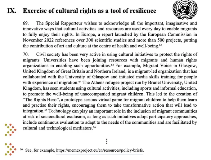 MEMEX's policy briefs appear referenced in the UN special rapporteur for cultural rights report on "culture and migration"