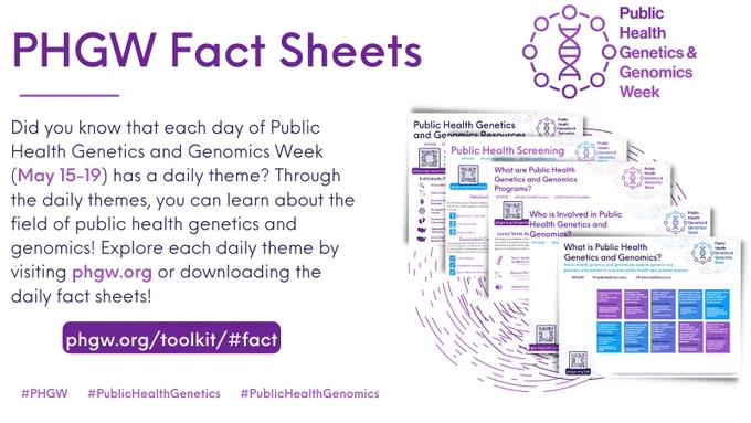 Images: PHGW Logo, Screenshots of #PHGW fact sheets

Texts: PHGW Fact Sheets
Did you know that each day of Public Health Genetics and Genomics Week (May 15-19) has a daily theme? Through the daily themes, you can learn about the field of public health genetics and genomics! Explore each daily theme by visiting phgw.org or downloading the daily fact sheets!

phgw.org/toolkit/#fact