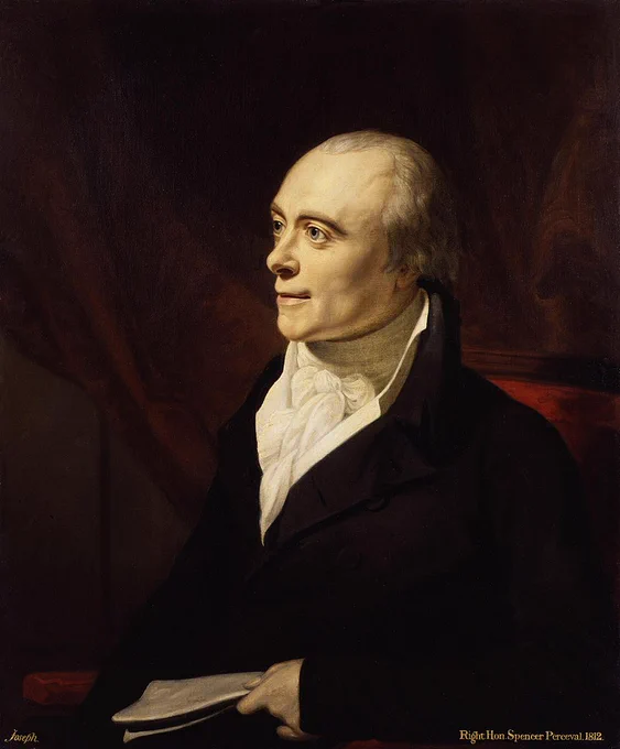 man with pulled back, neat hair in 19th century outfit. It's Spencer Perceval.