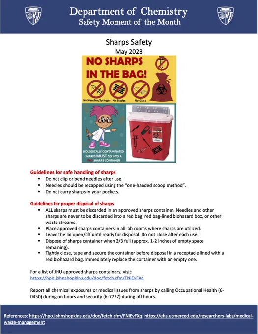 Safety Moment for the month of May describing how to properly and safely deal with sharp disposal