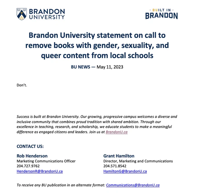Brandon University statement on call to remove books with gender, sexuality, and queer content from local schools: Don’t.