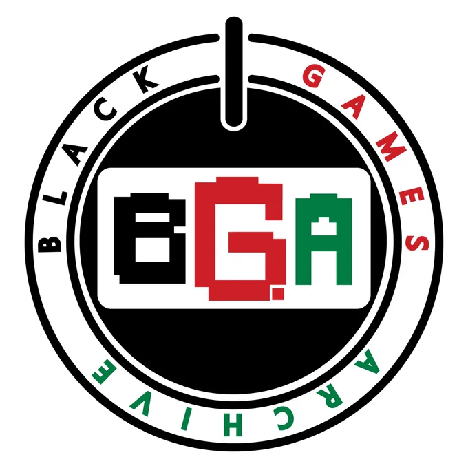 Black Games Archive logo which is a circular frame with a power symbol inside and the letters BGA in black, red, and green in pixelated characters. Inside the outer frame are the words Black Games Archive